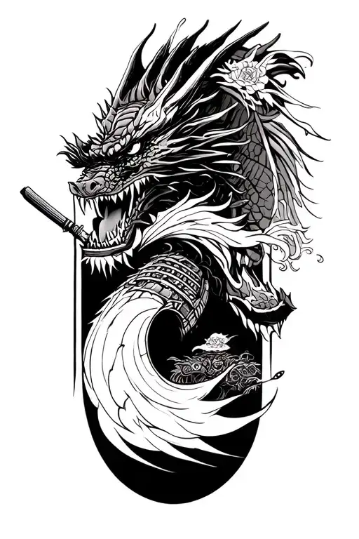 samurai and dragons and war and robots and scenery and japanese culture and japanese wooden doorways and dogs and mechan tattoo design idea