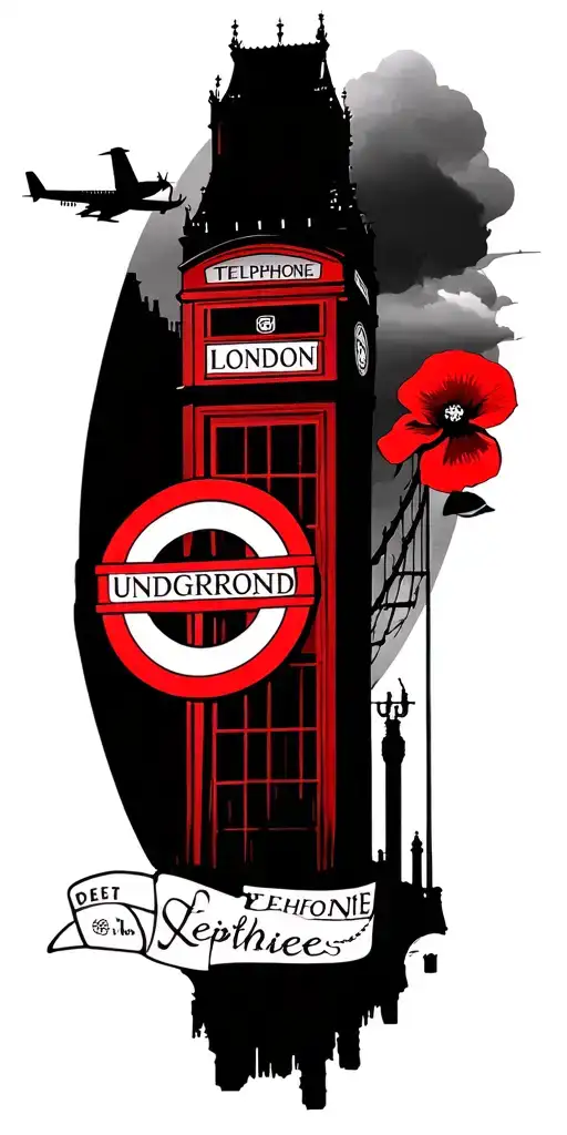 big ben tower bridge spitfire plane, red postbox, red telephone box, red london bus, london underground sign and a poppy tattoo design idea