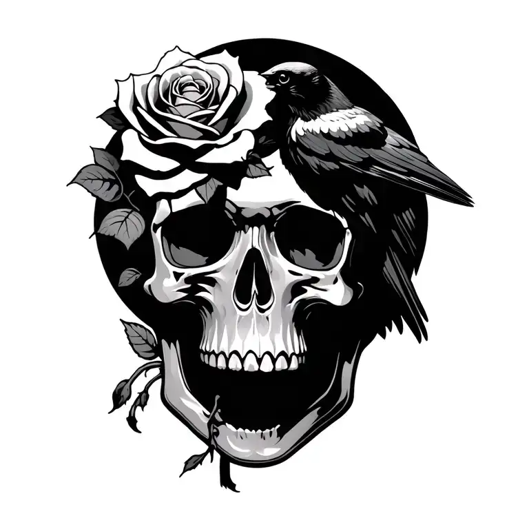 skull with rose growing from it and a raven perched tattoo design idea