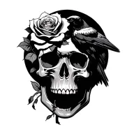 skull with rose growing from it and a raven perched tattoo design idea