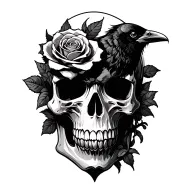 skull with rose growing from it and a raven perched tattoo design idea