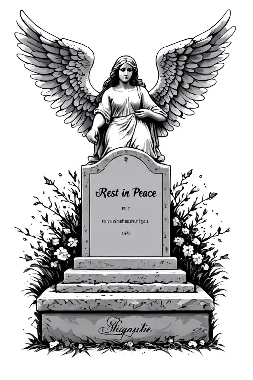 rest in peace tattoo with angel wings spread over a tombstone with room for a signature  tattoo design idea