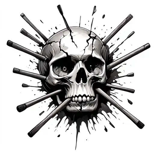 A broken/cracking skull with the jaw hanging open has a pair of beaten and splintering drum sticks bursting out the eye  tattoo design idea