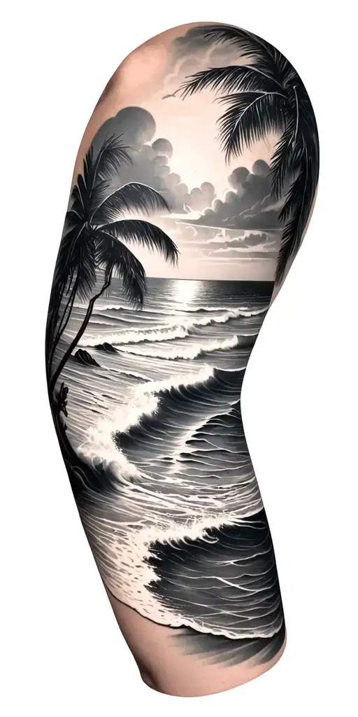 beach and ocean theme sleeve tattoo design idea