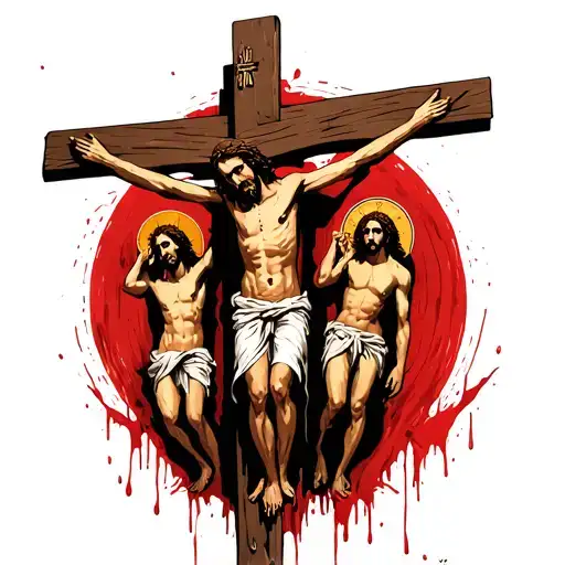 Jesus crucified and next to the 2 crucified thieves (background). With biblical phrases and the Virgin Mary crying blood tattoo design idea