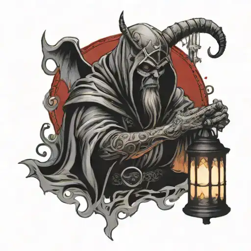 Realistic tattoo of a demon in a mantle, with a glowing lantern, gothic designs, and a red background. The Hermit tarot tattoo design idea