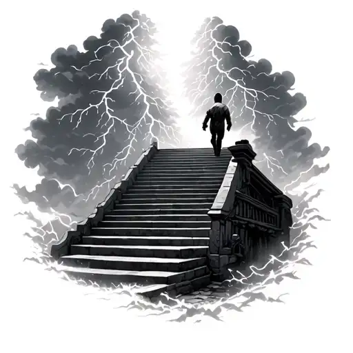 storm clouds with lighting kid walking up stairs leading to heaven tattoo design idea