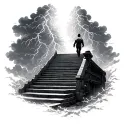 storm clouds with lighting kid walking up stairs leading to heaven tattoo design idea