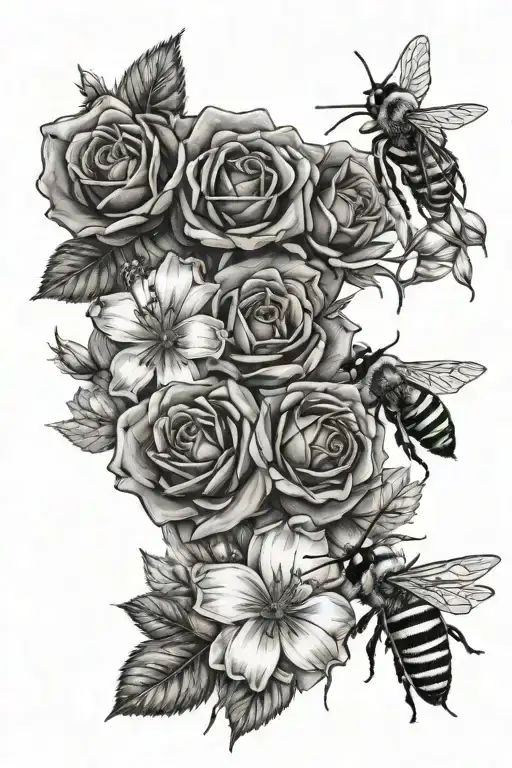 roses Lillie's daisies wildflowers bees beehive honeycomb smoke tattoo design idea