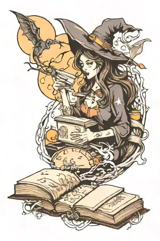 witch moon and books one of them open tattoo design idea