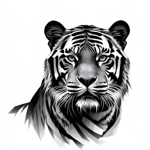 calm stoic tiger half realistic half geometric design, make it black and white tattoo design idea