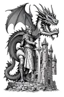dragon flying around a welsh castle, with king arthur holding excalibur  tattoo design idea
