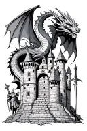 dragon flying around a welsh castle, with king arthur holding excalibur  tattoo design idea