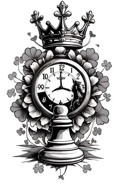 clock and  horse chess piece in the center  and a aggressive king crown above with 4 leaf clovers surrounding it  tattoo design idea