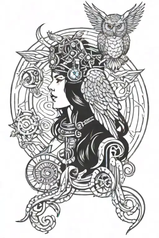 dark hair athena with owl, cat and octopus tattoo design idea