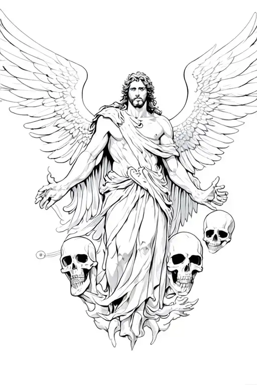 archangel Michael,silhouette surrounded by skulls, defeating satan tattoo design idea