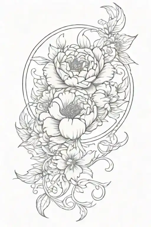 crescent moon, peonie flowers, art nouveau, art deco, symmetrical tattoo design idea