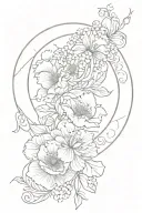 crescent moon, peonie flowers, art nouveau, art deco, symmetrical tattoo design idea