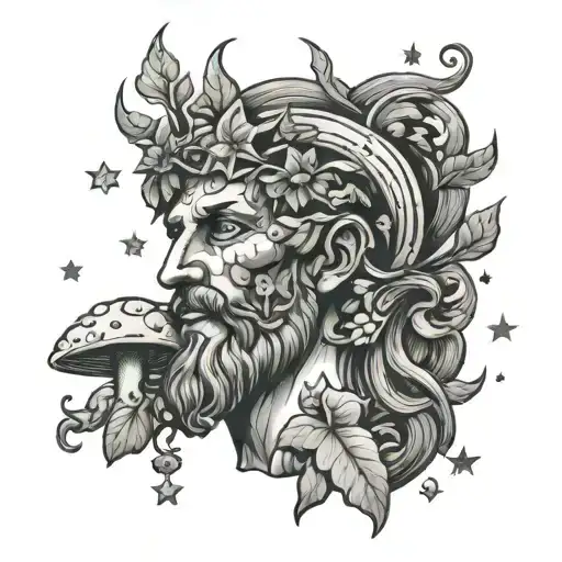Dionysus god with Cubensis mushrooms and stars coming from head beautiful  tattoo design idea
