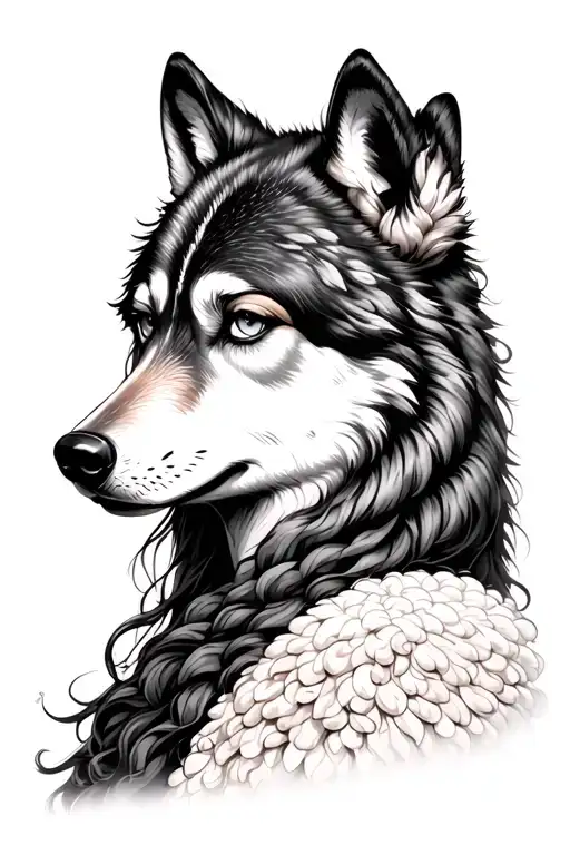 vertical half woman half wolf in sheep's clothing tattoo design idea