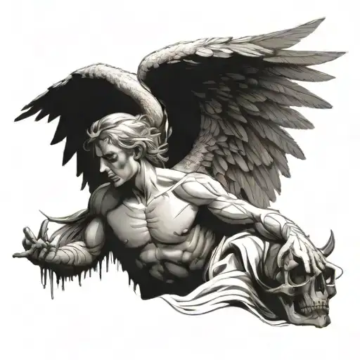 a fallen angel reaching for heaven but half its body is demon tattoo design idea