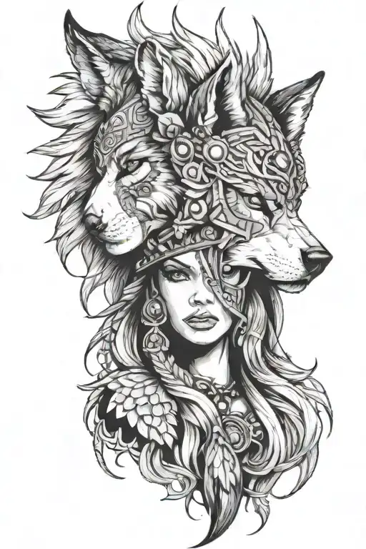 women with a wolf headdress tattoo design idea