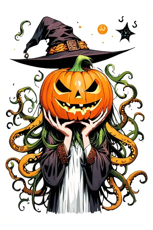 witch holding jack-o'-lantern, tentacles, space, eldritch tattoo design idea