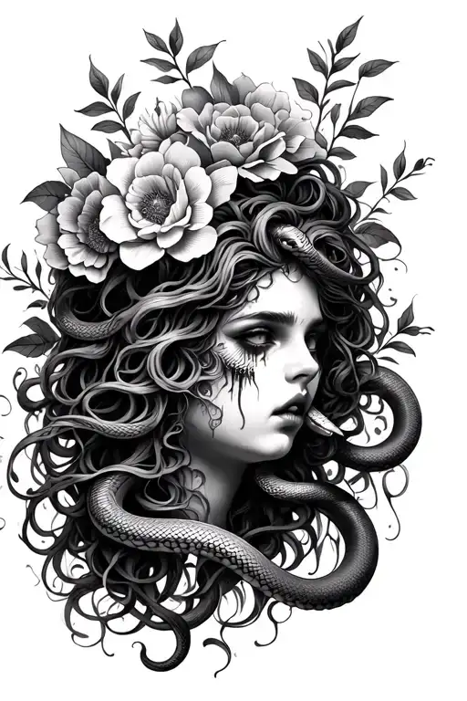 pretty Medusa face crying with snakes and flowers intertwined tattoo design idea