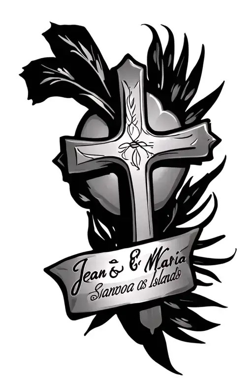 Make me a tattoo with a Christian cross with the names Jean and Maria surrounded by tattoo of the Samoa Islands tattoo design idea