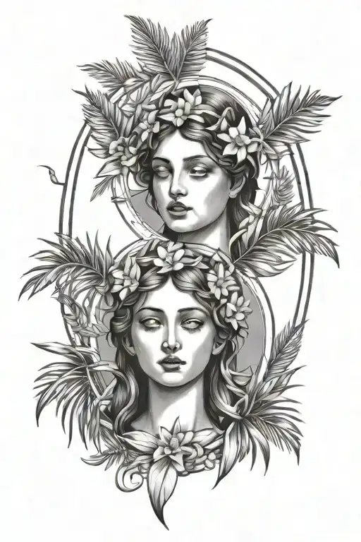 saint lucy with two faces one without eyes surrounded by light and palm branches  tattoo design idea
