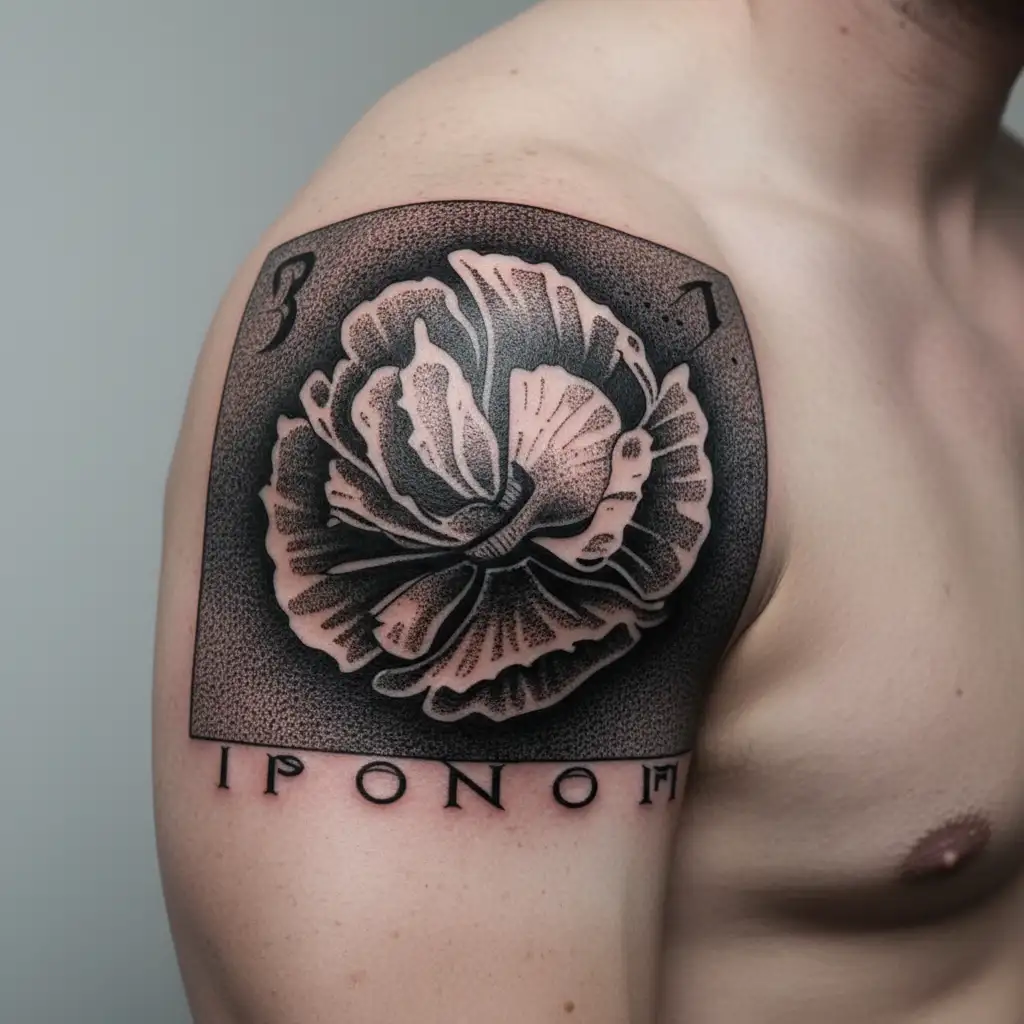 Icelandic poppy blooming out of a vintage postage stamp tattoo design idea