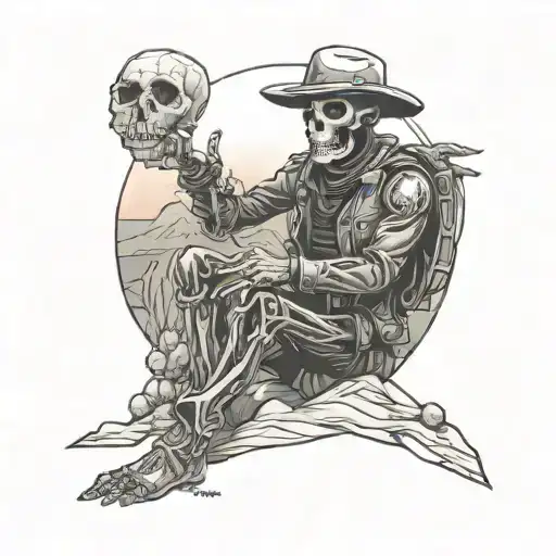 Dead skeleton space cowboy sitting against an alien catcus in a foreign desert lanscape at sunset tattoo design idea