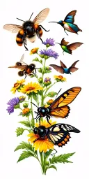 rusty patch bumblebee, hummingbird moth, swallowtail butterfly, brown bat, click beetle, & blue bird over wildflowers  tattoo design idea