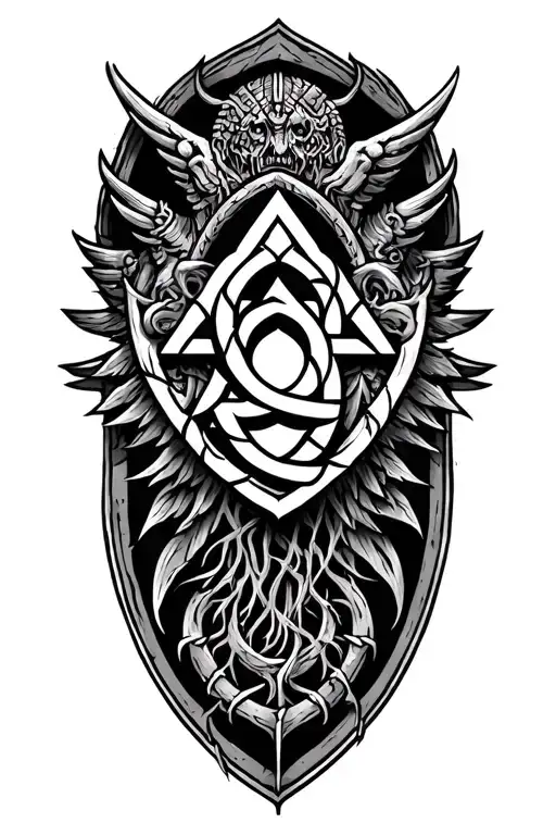 valhalla with valknut symbol intertwined. YGGDRASIL in the background tattoo design idea