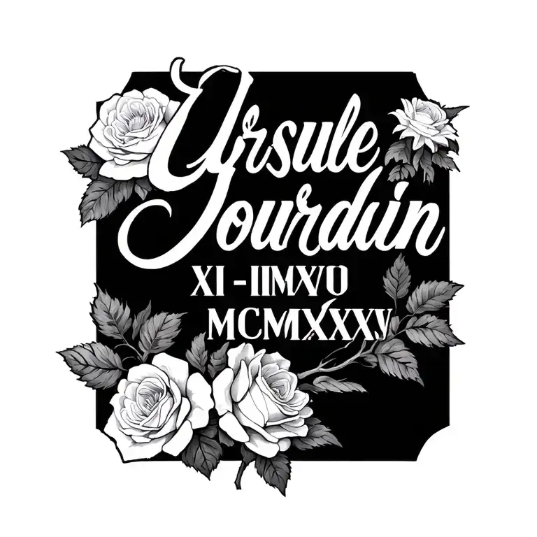 "Ursule Jourdain" in jimmy script with " XI-VIII-MCMXXXV" in times new roman underneath with white roses and chrysanthem tattoo design idea