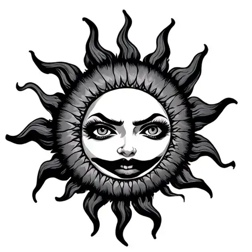 circle Sun with evil eyes and mouth dark tattoo design idea