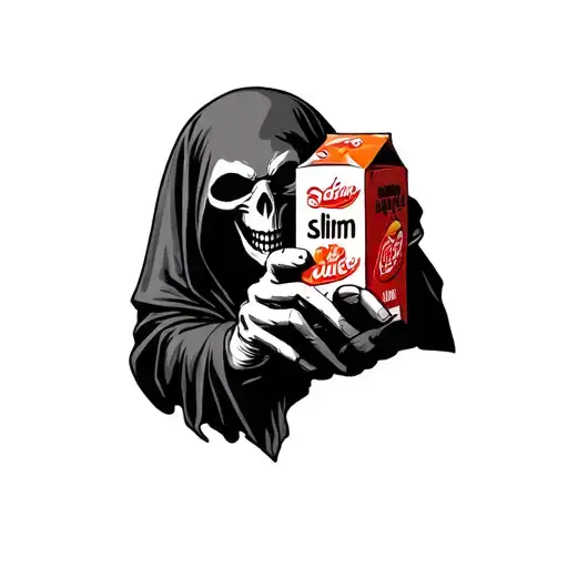 reaper holding a juice box what the words slim juice in Italian  tattoo design idea