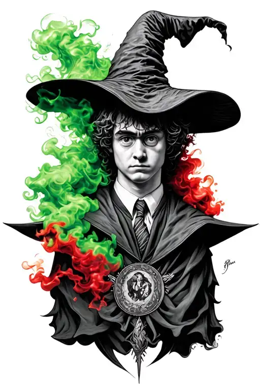 sorting hat harry potter with green and red smoke coming tattoo design idea