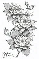 Water Lily into script going sideways that says “1 Peter 3:3-4” tattoo design idea