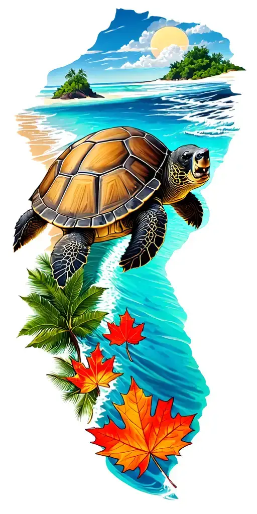 Hawaiian Islands with turtle, Canadian totem and maple leave, Californian beach and bear, los Vegas, route 66, anchor tattoo design idea