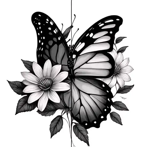 half butterfly half flowers tattoo design idea