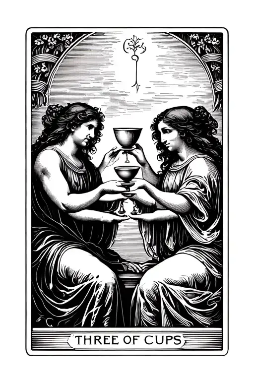 three of cups tarot card design featuring 3 people each raising a cup facing each other in a circle formation tattoo design idea