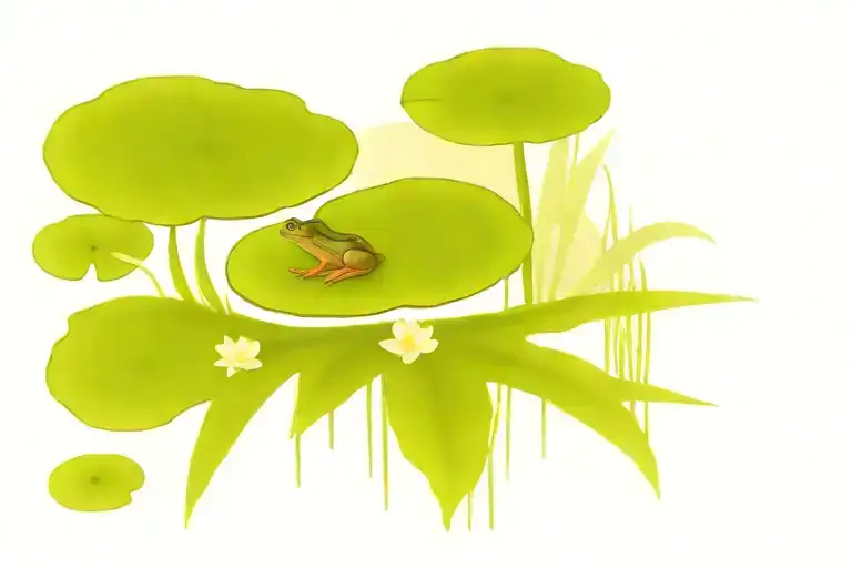 a pond with some lily pads. in the middle of the pond on a big lily pad is a frog playing the piano. Sitting on top of t tattoo design idea