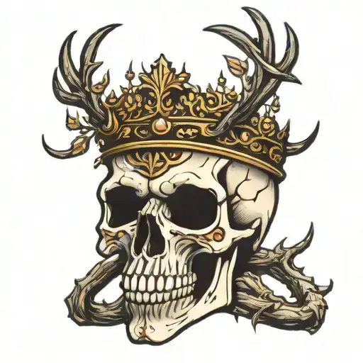 Human king skull with deer antlers 8 points curved cover in thorns tattoo design idea