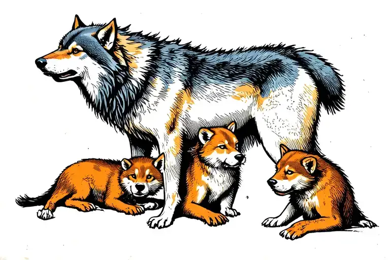 wounded wolf protecting its cubs tattoo design idea