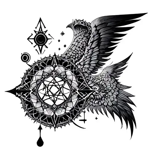 Intricate sacred geometry mandala with alchemical symbols, black ink style, full body coverage excluding face, he Mandala tattoo design idea