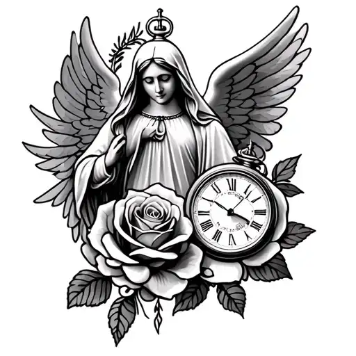 mama Mary, angel, dove, rose, pocket watch, filigree, tattoo design idea