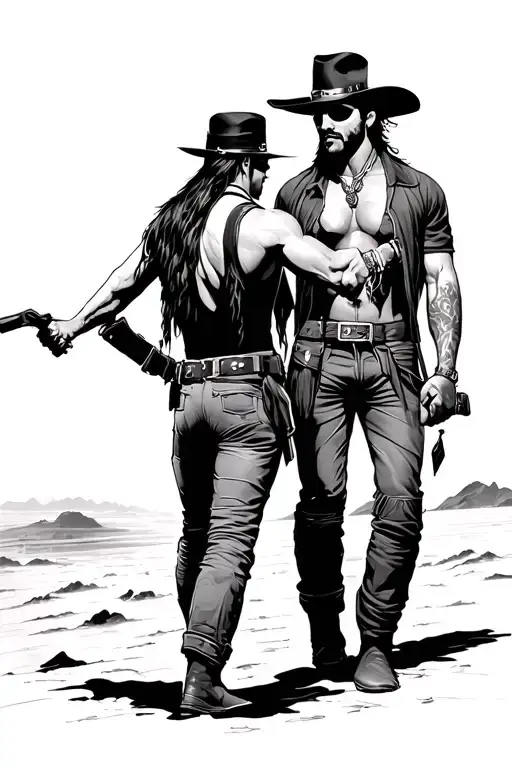 lone ranger and tonto fist bumping and walking into a sunset tattoo design idea