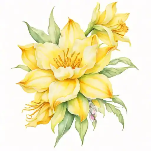 Daffodil, Gladiolus, Yellow Rose, Birds of paradise, Dahlia tattoo design idea