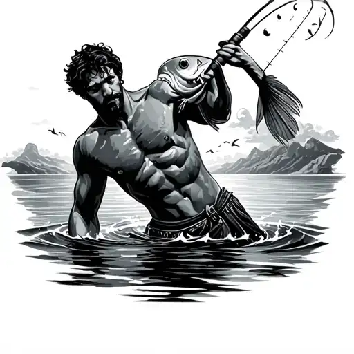 male fishing in heaven in water with fishing pole tattoo design idea